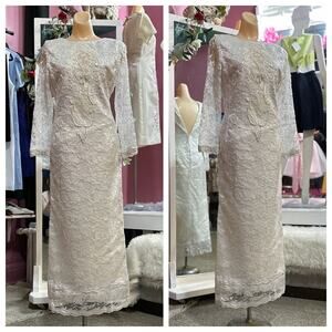 Vintage 80s Beaded White Maxi Dress Wedding Gown Prom Formal Long Sleeves S/M